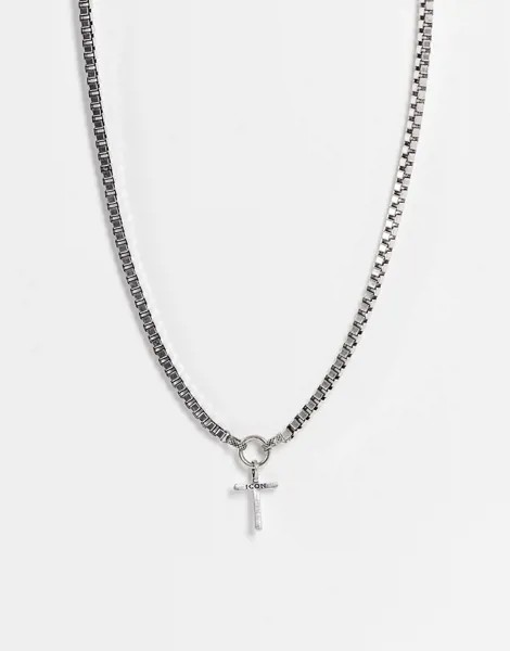 Серебристое ожерелье-цепочка с фактурной подвеской-крестиком Icon Brand-Серебряный
