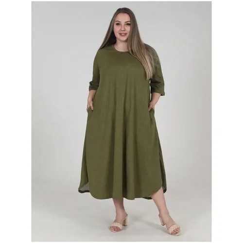 Платье ZOYA, хлопок, свободный силуэт, макси, карманы, размер 50, хаки, зеленый