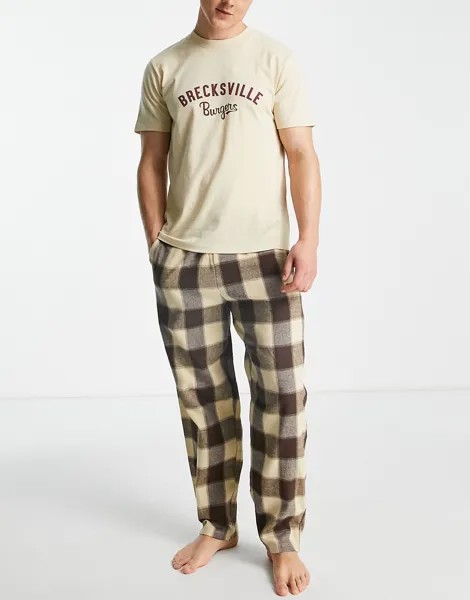 Пижамный комплект из футболки и брюк в клетку ASOS DESIGN-Коричневый цвет
