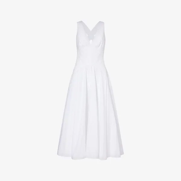 Хлопковое платье миди в полоску с v-образным вырезом Alaia, цвет blanc