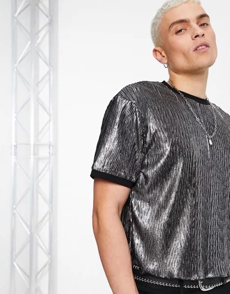 Укороченная футболка из материала с серебристым эффектом металлик с контрастным воротником и манжетами ASOS DESIGN-Серебряный