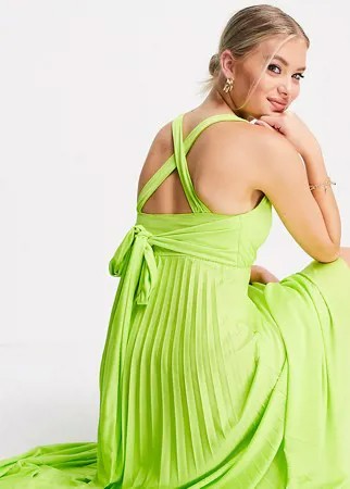 Лаймовое плиссированное платье макси с глубоким вырезом, перекрестными бретельками и завязкой на спинке ASOS DESIGN Tall-Зеленый цвет