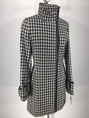 Calvin Klein Modern Черно-белое пальто с узором «гусиные лапки» с отделкой из искусственной кожи, размер 2