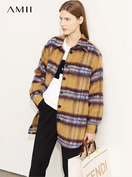 Пальто AMII в стиле минимализма для женщин, новинка осень-зима 2022, теплая винтажная повседневная одежда в клетку в гонконгском стиле со вставками, топы 12270457