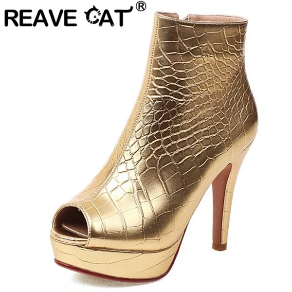 Женские ботинки на платформе REAVE CAT, весенние ботинки в клетку на тонком высоком каблуке и молнии с открытым носком, черные и Серебристые пик...