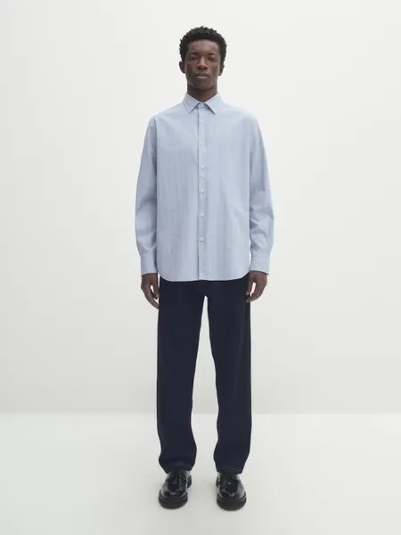 Рубашка узкого кроя с рисунком «елочка» из 100% хлопка Massimo Dutti, синий