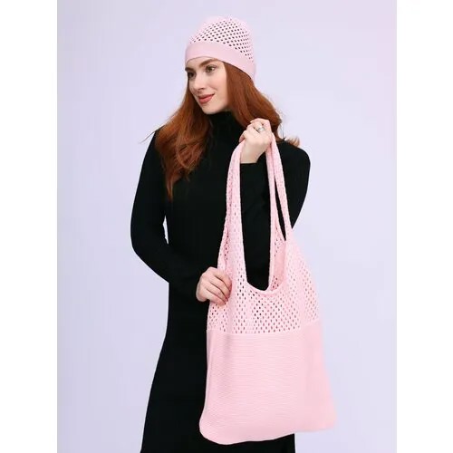 Сумка авоська MI ROPA Сумка-шоппер на плечо + вязаная шапочка в подарок, фактура вязаная, бледно-розовый
