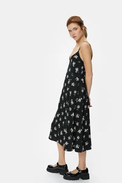 Платье миди с вырезом и цветочным принтом Koton, черный