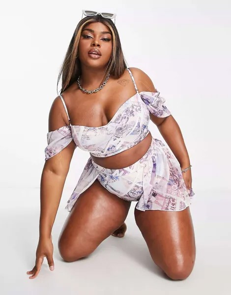 Трусики бикини с завышенной талией и шифоновой накладкой ASOS LUXE Curve с принтом открытки