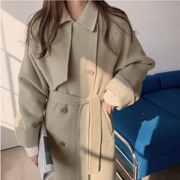 Женское шерстяное пальто, элегантная теплая двубортная куртка абрикосового цвета длиной до колена, Осень-зима 2021