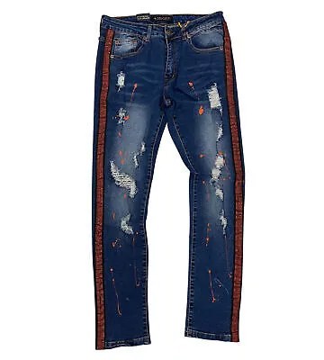 Мужские джинсы M. Society цвета индиго с оранжевыми стразами - 36x32