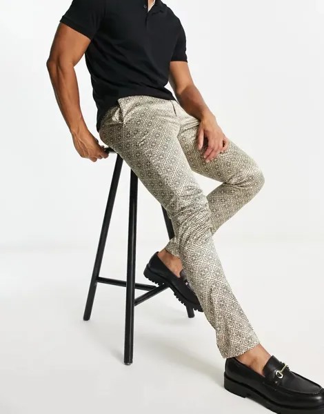Коричневые брюки-скинни с принтом монограмм в стиле ретро ASOS
