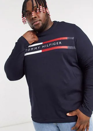 Темно-синий лонгслив с фирменными полосками и логотипом на груди Tommy Hilfiger Big & Tall