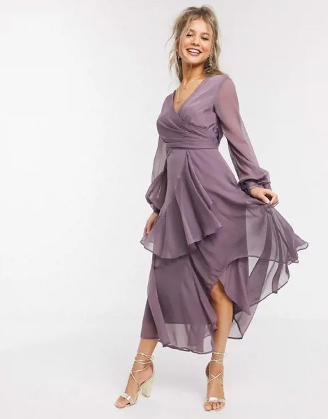 Сиреневое платье миди с запахом и двухслойной юбкой ASOS DESIGN-Фиолетовый цвет