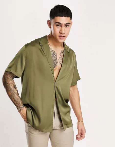 Атласная рубашка цвета хаки с запахом на одной пуговице ASOS DESIGN-Зеленый цвет