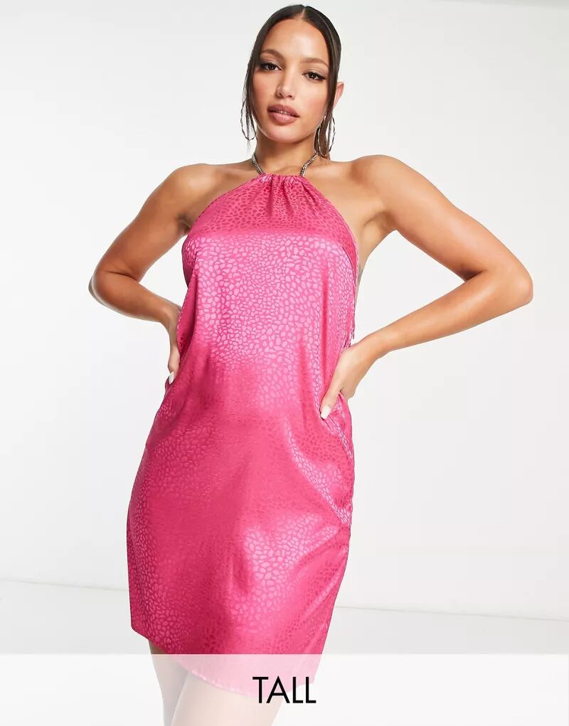 Ярко-розовое атласное жаккардовое мини-платье с цепочкой и бретельками Lola May Tall