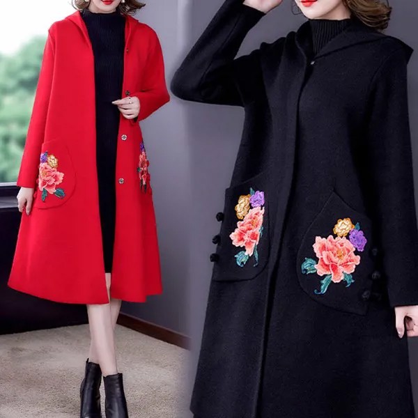 Женское длинное кашемировое пальто, элегантное свободное трикотажное пальто в китайском стиле с цветочной вышивкой, ветровка черного и кра...