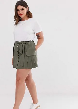 Льняная мини-юбка со складками, пуговицами и карманами ASOS DESIGN Curve-Зеленый