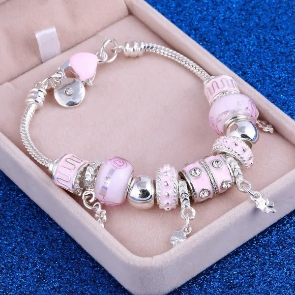 Розовый кристалл Шарм Серебряный цвет Браслеты и браслеты для женщин бисер Серебряный браслет ювелирные изделия
