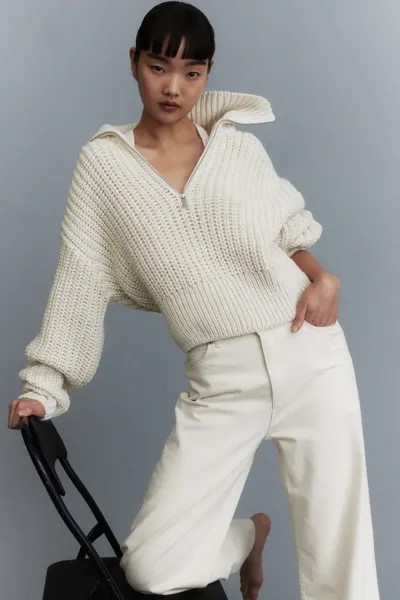 Пуловер крупной вязки с молнией сверху H&M, бежевый