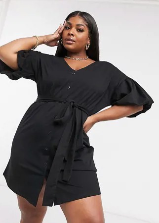 Черное платье мини с поясом и объемными рукавами ASOS DESIGN Curve-Черный