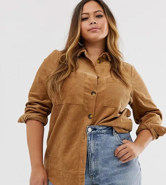 Вельветовая рубашка навыпуск табачного цвета Vero Moda Curve-Коричневый