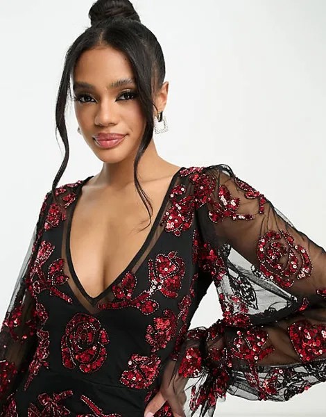 Эксклюзивное платье макси с длинными рукавами и красной аппликацией Lace & Beads
