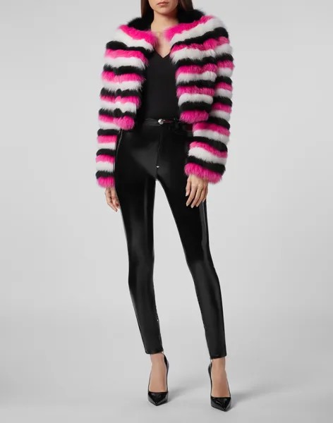 Шуба в короткую полоску Philipp Plein, цвет Black+Fuchsia