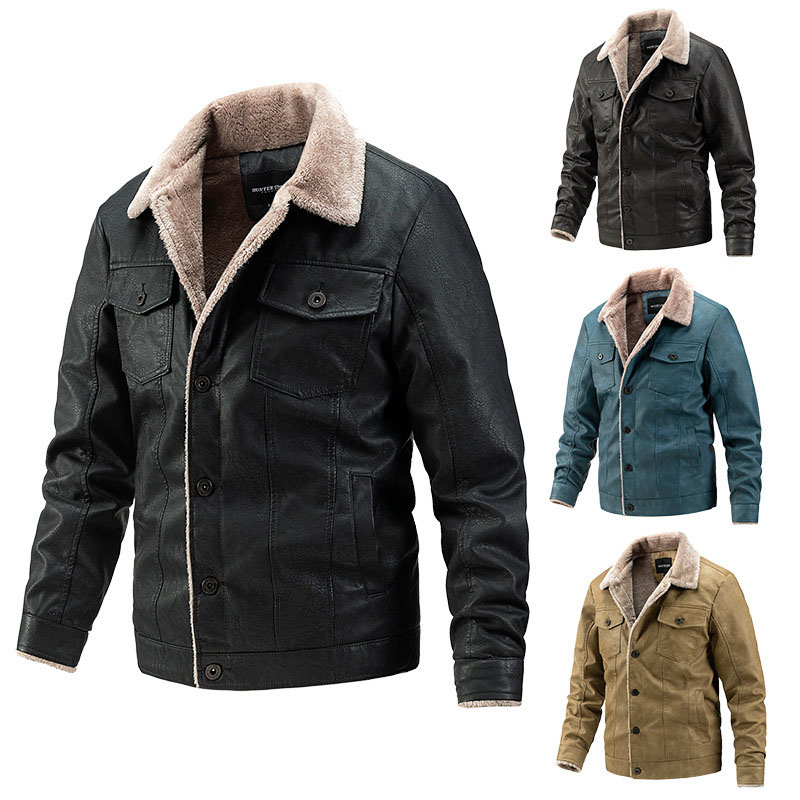 Men's Casual Plush Jackets Aesthetic Outdoor Lapel PU Leather Cool Coat Mature Fashion Male Clothes Winter Autumn