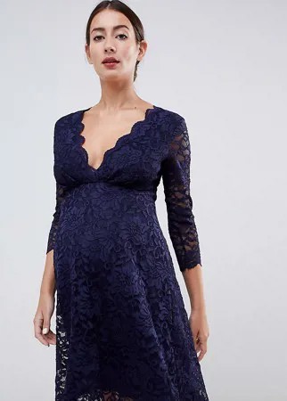 Кружевное темно-синее платье для выпускного с рукавами 3/4 Flounce London Maternity-Темно-синий