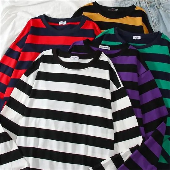 Пять цветов Женщины Хлопок Фиолетовый Полосатые Топы Slim Fit футболка Harajuku Футболка Лето с длинным рукавом Корейские Феминина Топы