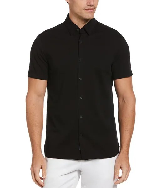 Рубашка узкого кроя Perry Ellis из однотонной хлопковой ткани интерлок с короткими рукавами, черный