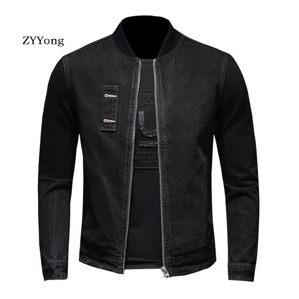 Куртка-бомбер мужская джинсовая, мотоциклетная Повседневная Верхняя одежда, пилот с воротником-стойкой, черная в европейском стиле, ретро