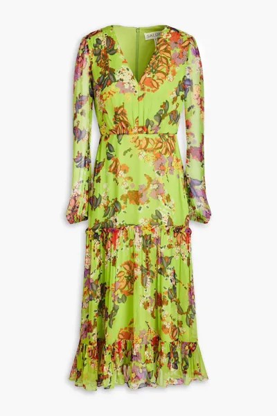 Платье миди Devon из шелкового крепона с цветочным принтом Saloni, зеленый лайм