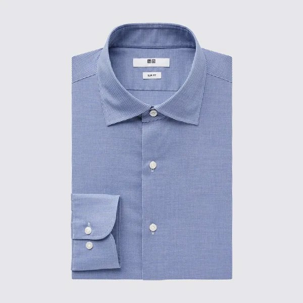 Рубашка в клетку Easy Care Slim Fit (воротник с полувырезом) Uniqlo, синий