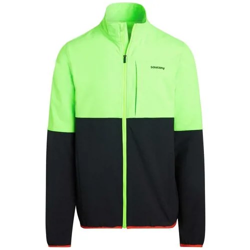 Куртка Saucony для бега, средней длины, силуэт прямой, светоотражающие элементы, без капюшона, карманы, водонепроницаемая, размер S, зеленый, черный