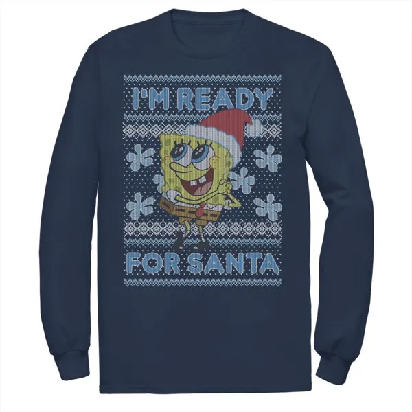 Мужская футболка SpongeBob SquarePants I'm Ready For Santa Ugly Christmas с длинными рукавами и цветами Nickelodeon, синий