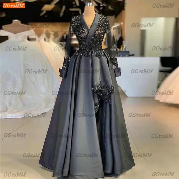 Дубай Серые Вечерние платья с длинным рукавом 2022 Robe De Soirée De Mariage A Line сатиновое вечернее платье с v-образным вырезом для женщин Abendkleider