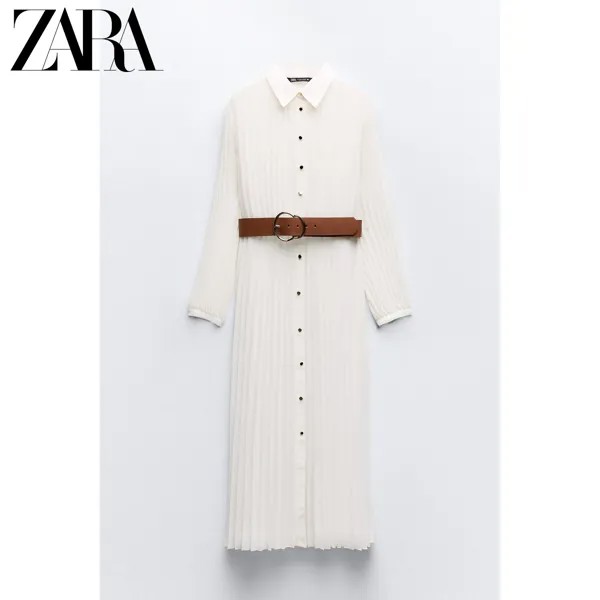 Zara новое летнее женское плиссированное платье миди с поясом для поездок на работу 8372089 712, цвет Белый
