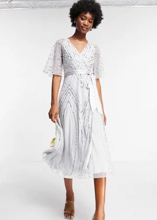Светло-серое платье миди для подружки невесты с декоративной отделкой Frock and Frill Bridesmaids-Серый