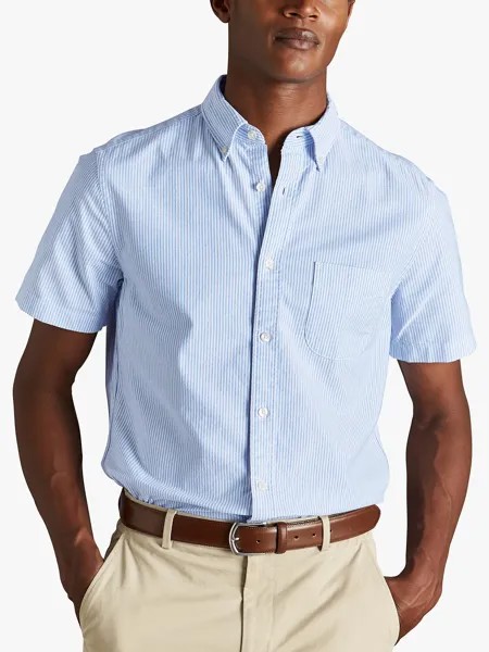 Постиранная оксфордская рубашка в полоску с короткими рукавами Charles Tyrwhitt, Ocean Blue