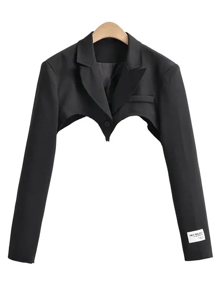 Milanoo Blazer For Women Black Turndown Collar Pockets Long Sleeves Irregular Polyester Short Overco