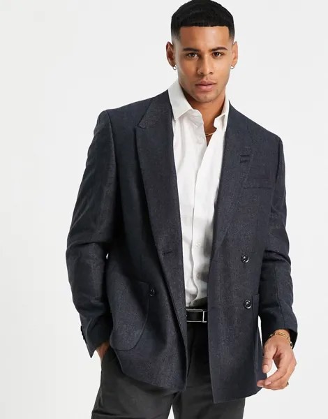 Темно-синий двубортный пиджак скинни Topman