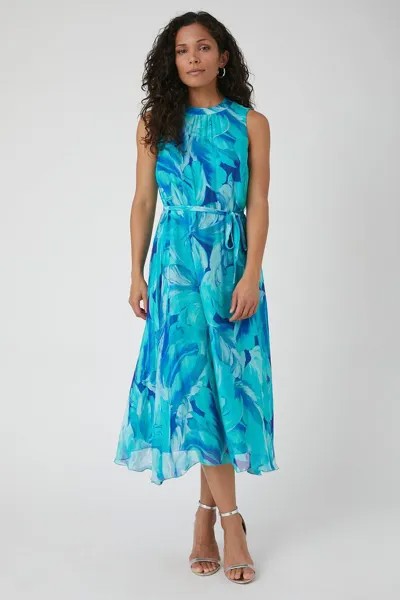 Миниатюрное шелковое платье миди без рукавов с принтом перьев Wallis, синий