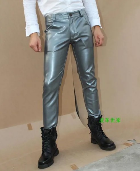 29-39! Мужская повседневная одежда, облегающие джинсы с вырезами, черные, серебристые, красные мужские кожаные брюки, большие размеры, брюки, с...