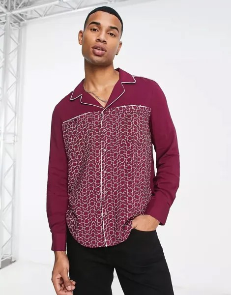 Бордовая рубашка с короткими рукавами с окантовкой и геометрическим принтом от Gianni Feraud