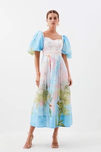 Хлопковое платье миди Petite с эффектом омбре и ботанической отделкой сверху Karen Millen, мультиколор