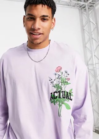 Сиреневый лонгслив в стиле oversized с логотипом и цветочным принтом ASOS Actual-Фиолетовый цвет