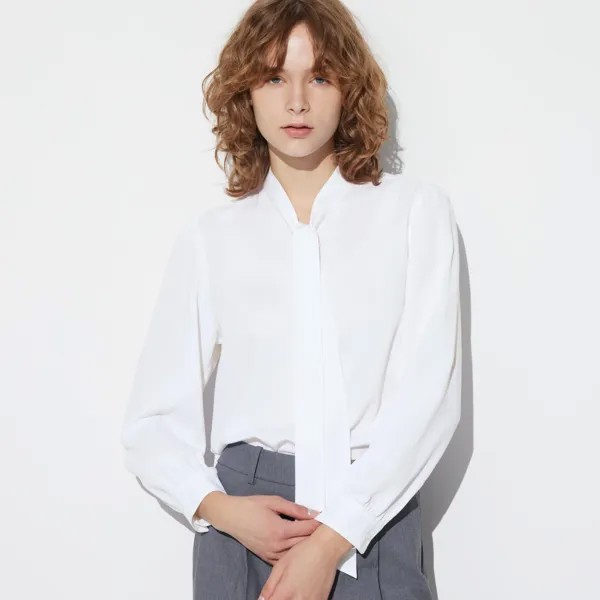 Блузка UNIQLO из искусственного шелка с бантиком, белый
