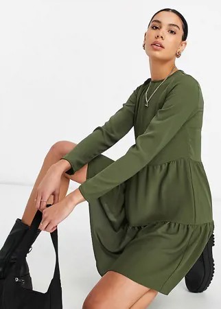 Ярусное платье мини цвета хаки с присборенной юбкой и длинными рукавами ASOS DESIGN Tall-Зеленый цвет